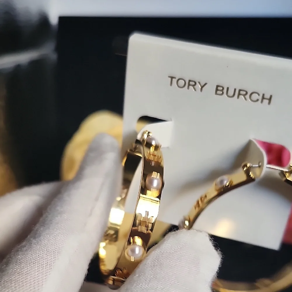 Tory Burch Gold Hoops with Pearl Accents - Picture 3 of 10